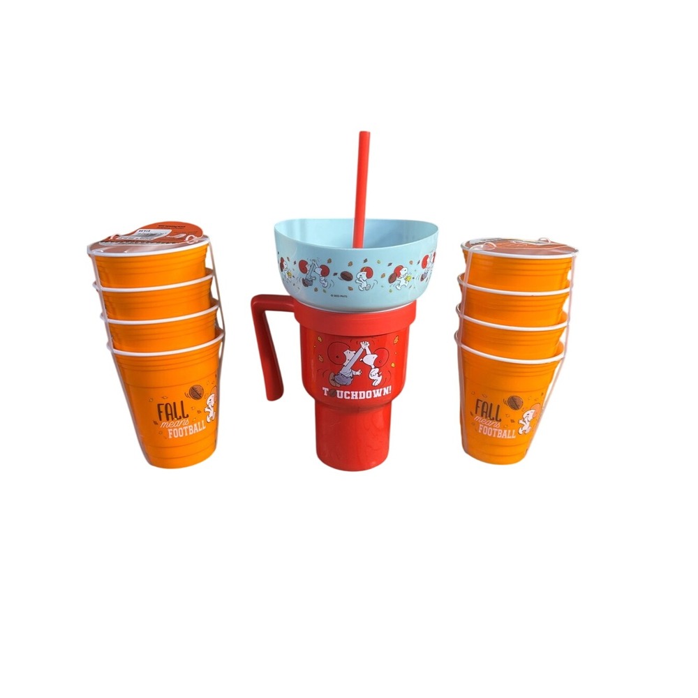 Peanuts Snoopy 'Fall Means Football' Party Cups (8) & Large Cup w/Snack GIFT NEW